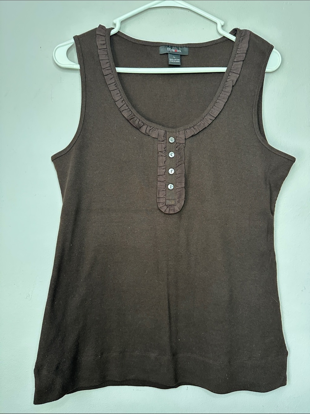 Style & Co  Brown Sleeveless Ruffle Cotton Tank Top size L